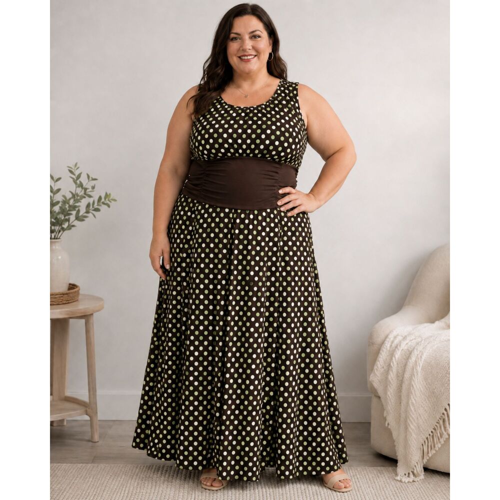 Perceptions Woman 20W Brown Polka Dot Maxi Dress Ruched Waist Sleeveless
